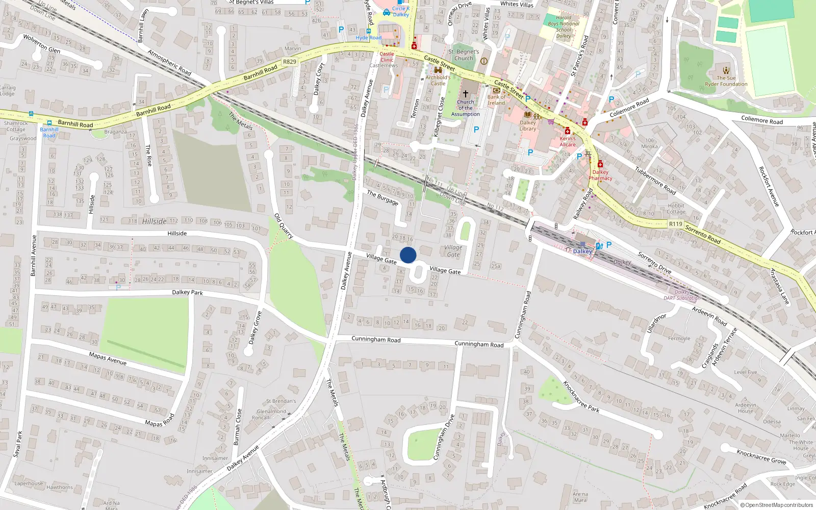 Overhead map showing the location of 6 Village Gate, Dalkey