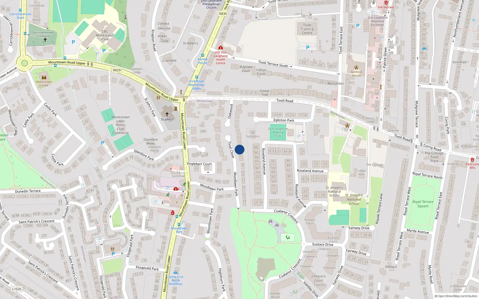 Overhead map showing the location of 6 Tivoli Close, Dun Laoghaire, Dublin