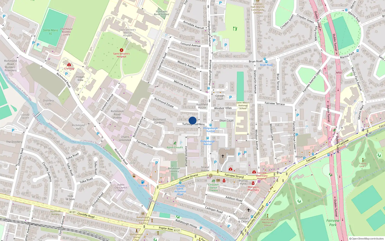 Overhead map showing the location of 6 Turlogh Gardens, Fairview, Dublin 3