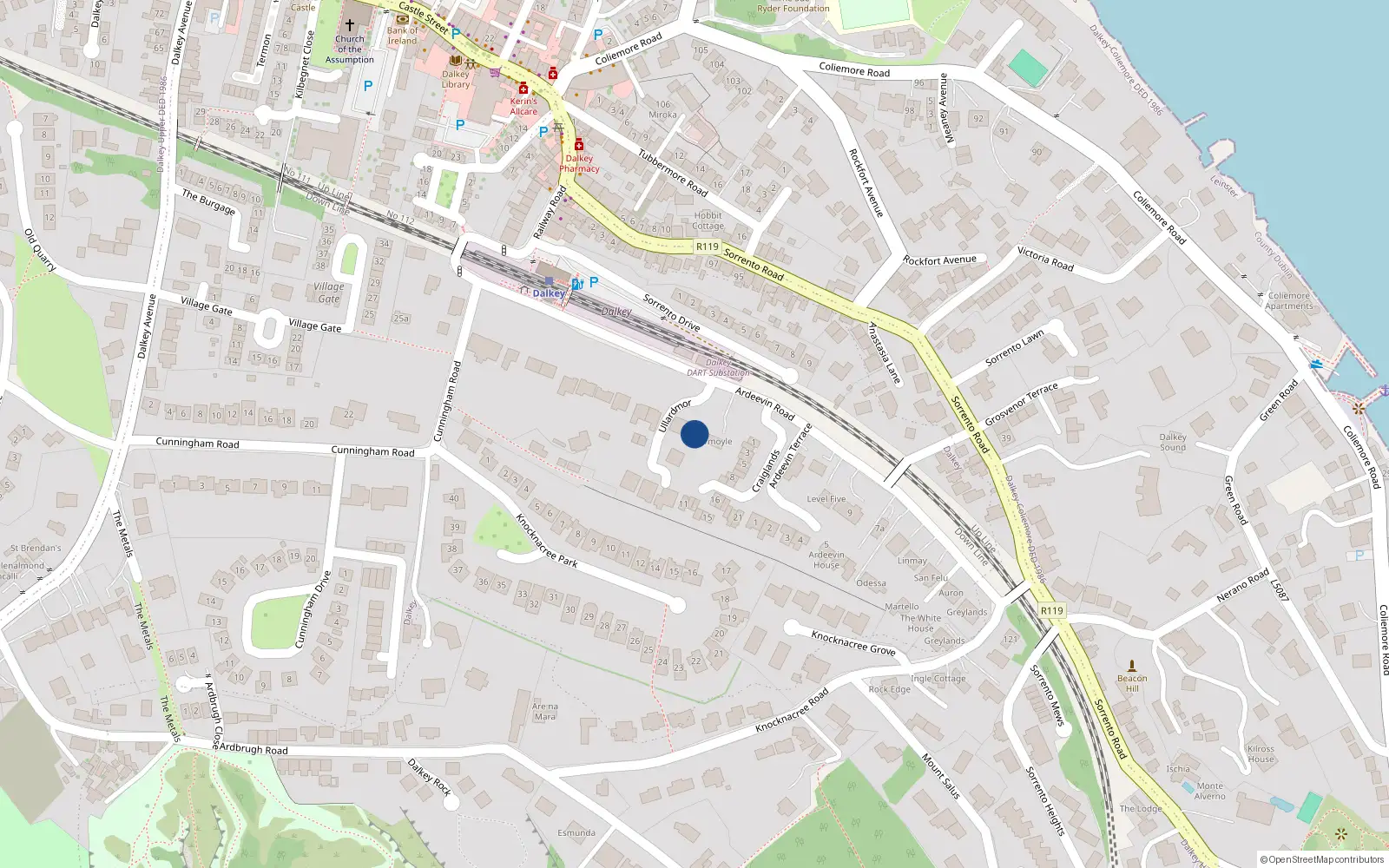 Overhead map showing the location of 6 Ullardmor, Dalkey