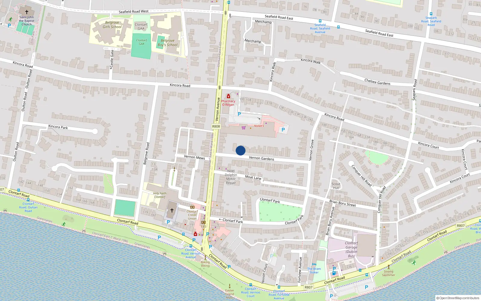 Overhead map showing the location of 6 Vernon Gardens, Clontarf, Dublin 3