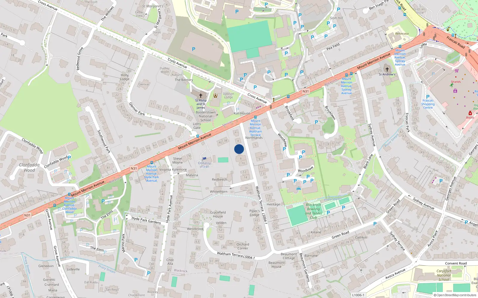 Overhead map showing the location of 6 Waltham Terrace, Blackrock