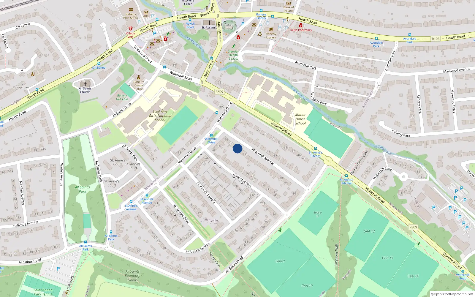 Overhead map showing the location of 6 Watermill Avenue, Dublin 5