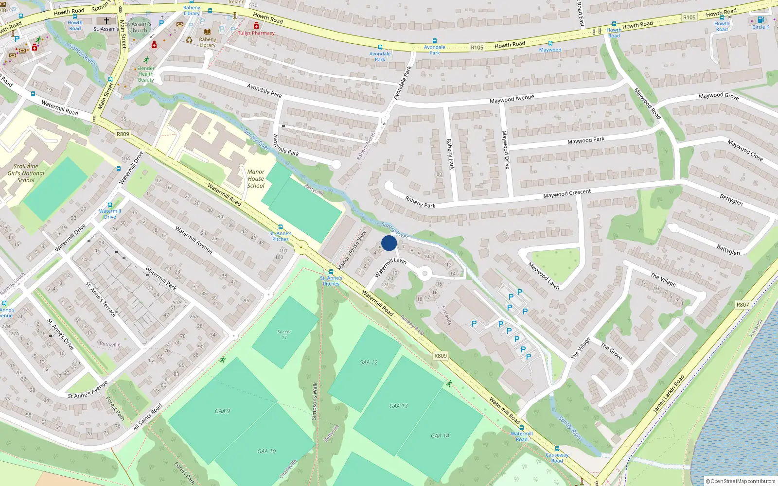Overhead map showing the location of 6 Watermill Lawn, Dublin 5
