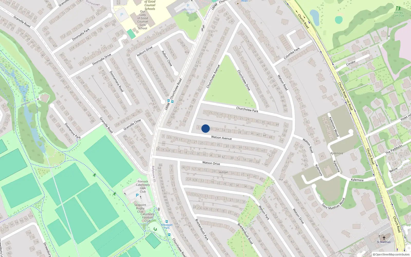 Overhead map showing the location of 6 Watson Avenue, Killiney