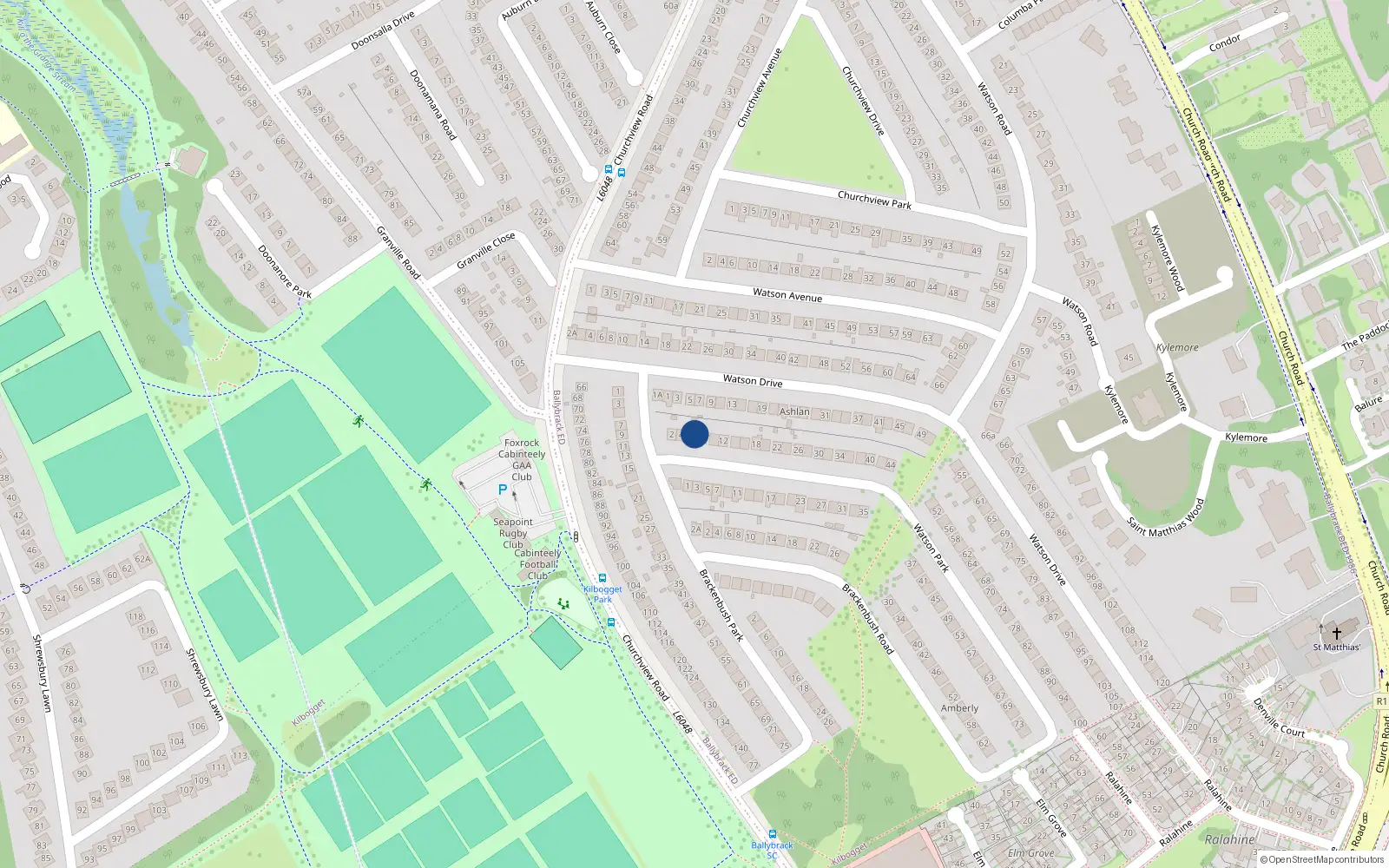 Overhead map showing the location of 6 Watson Park, Killiney