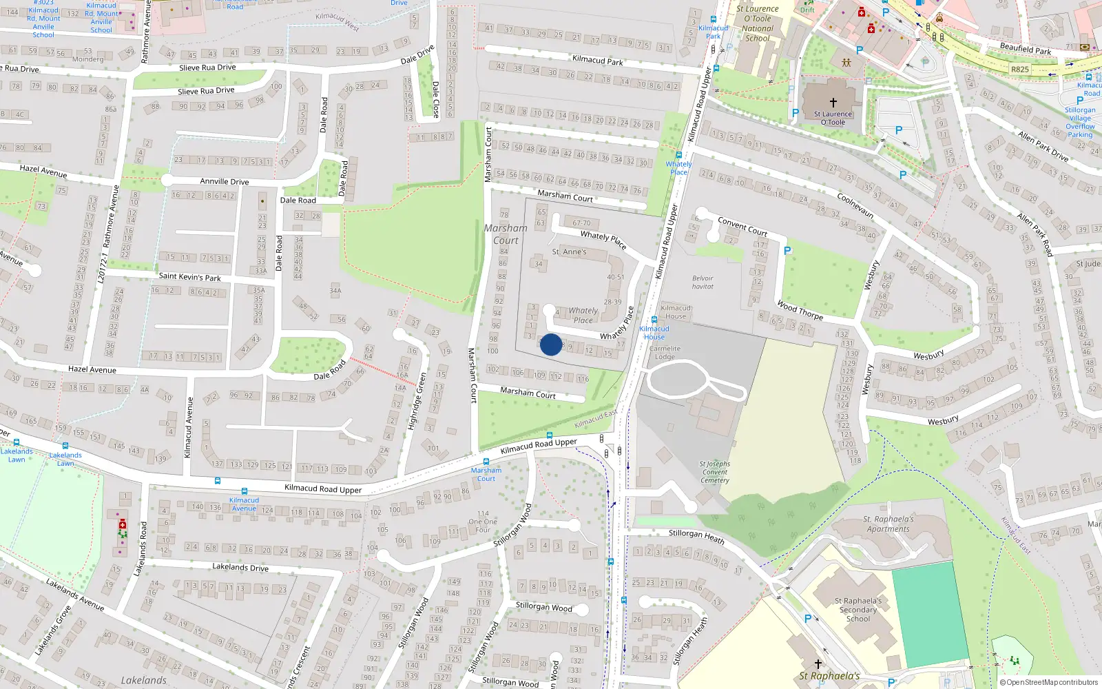 Overhead map showing the location of 6 Whately Place, Upper Kilmacud Road, Stillorgan