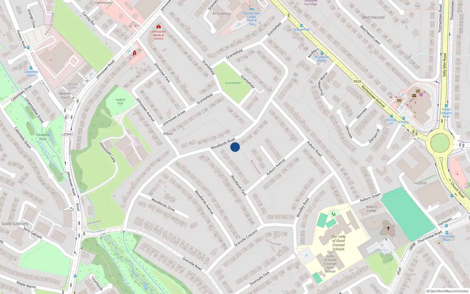 Overhead map showing the location of 6 Woodlands Road, Dublin