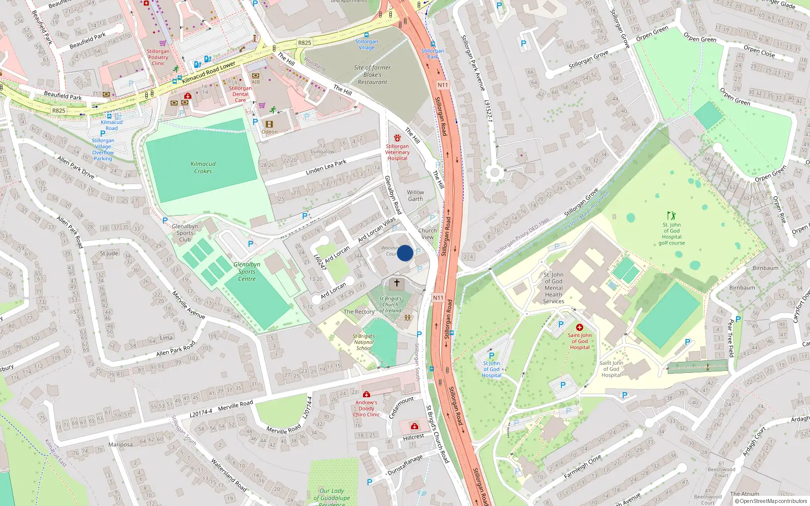 Overhead map showing the location of 6 Woodview Court, Glenalbyn Road, Stillorgan