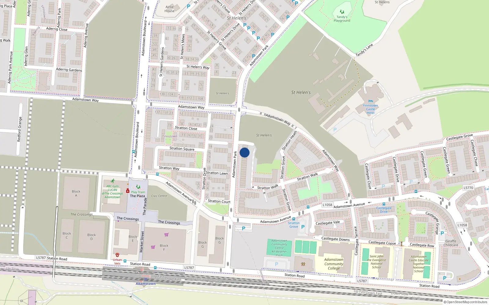 Overhead map showing the location of 60 Adamstown Park, Adamstown Castle