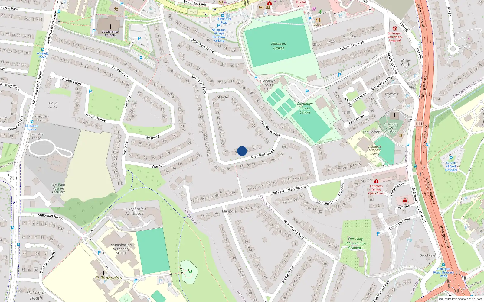 Overhead map showing the location of 60 Allen Park Road, Dublin