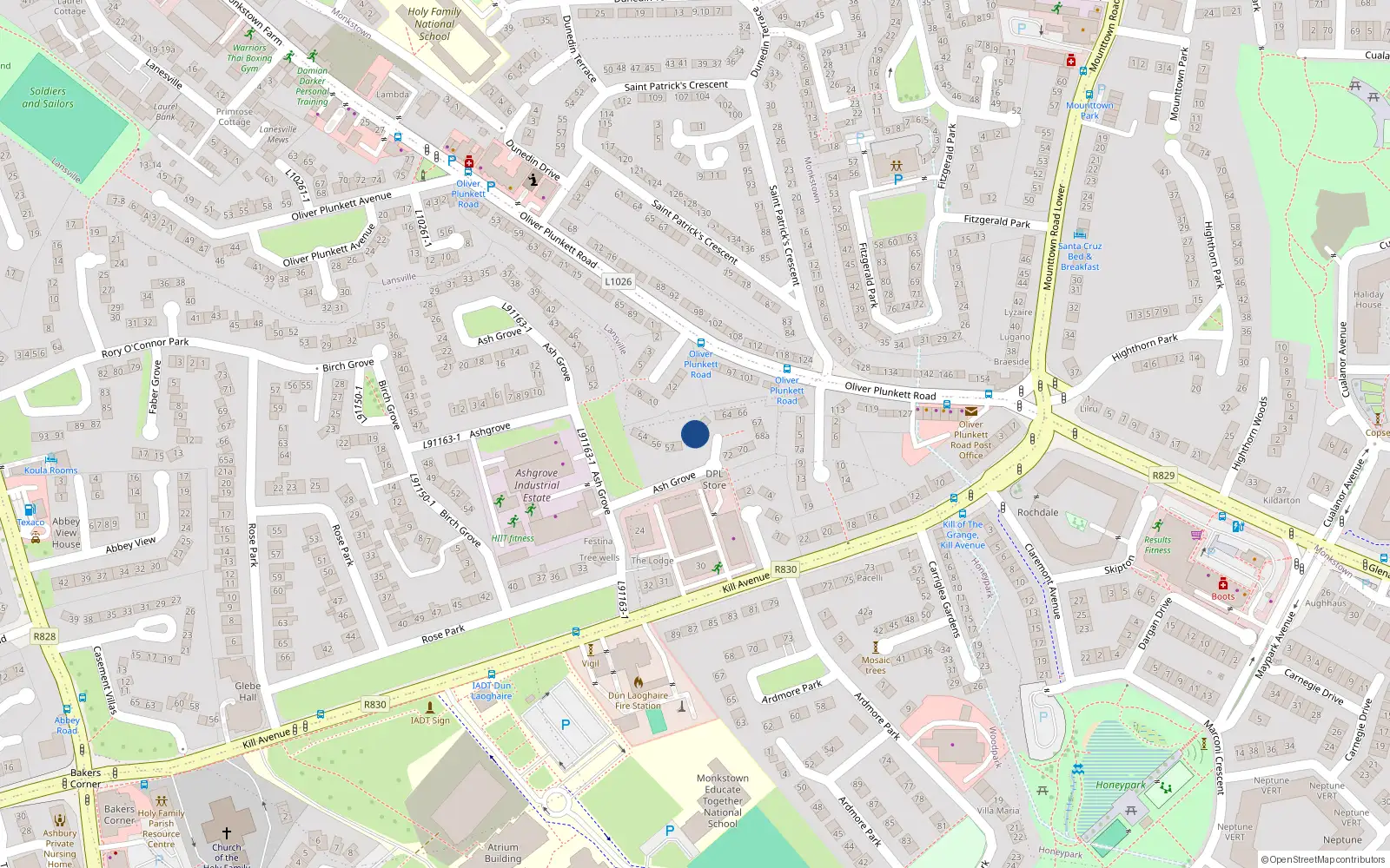 Overhead map showing the location of 60 Ash Grove, Kill Avenue, Dun Laoghaire