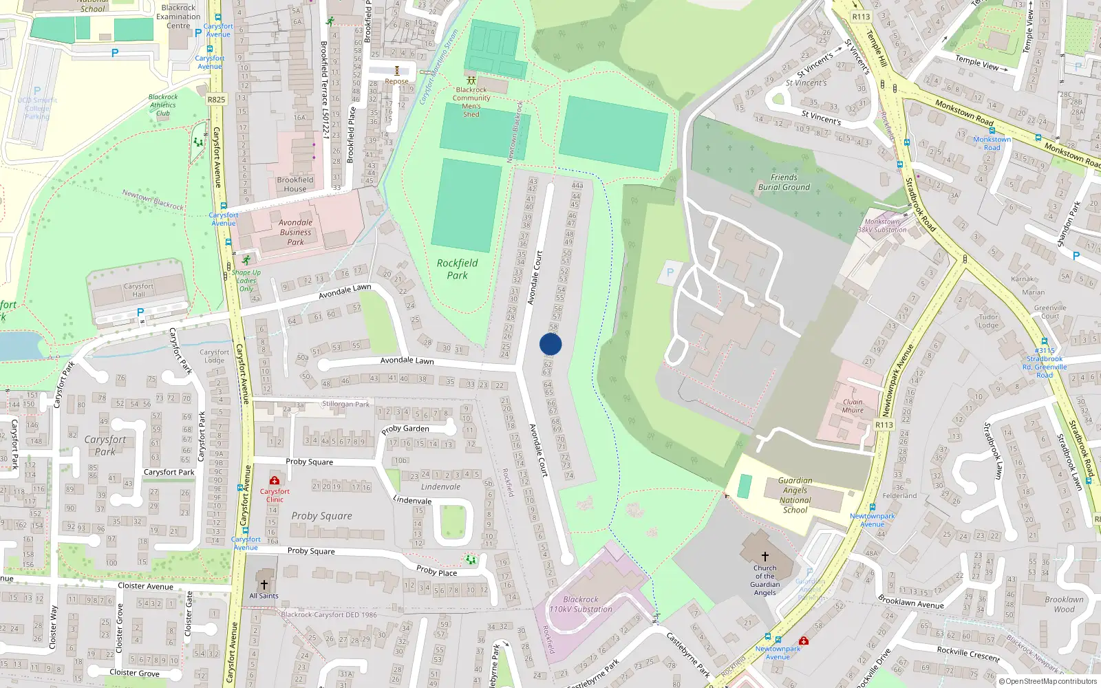 Overhead map showing the location of 60 Avondale Court, Blackrock