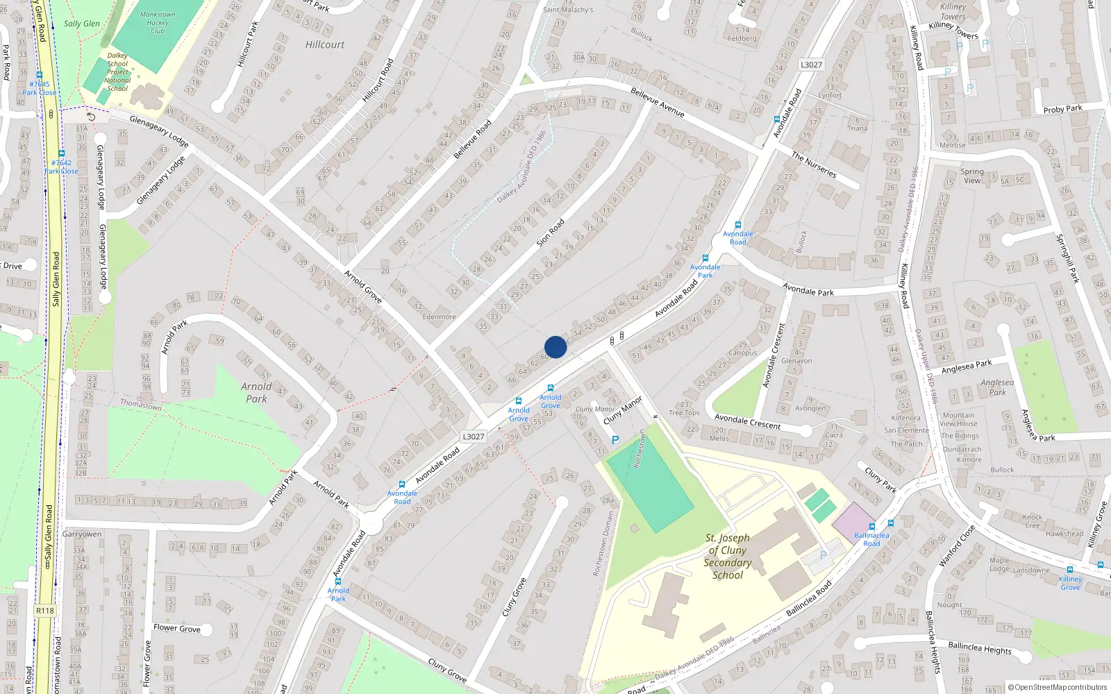 Overhead map showing the location of 60 Avondale Road, Killiney