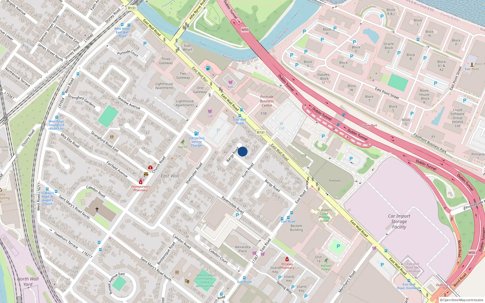 Overhead map showing the location of 60 Bargy Road, East Wall, Dublin 3