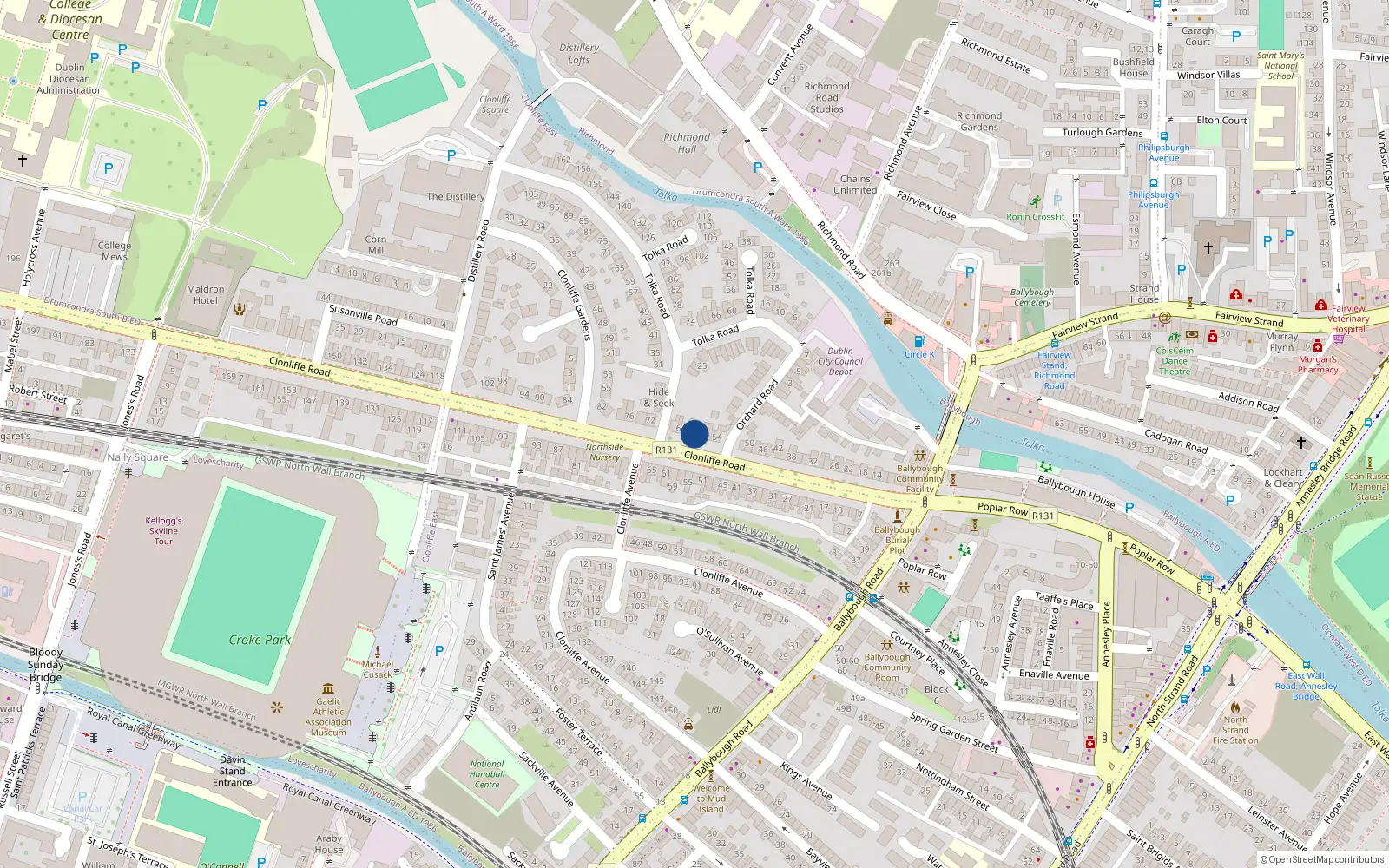 Overhead map showing the location of 60 Clonliffe Road, Drumcondra, Dublin 9