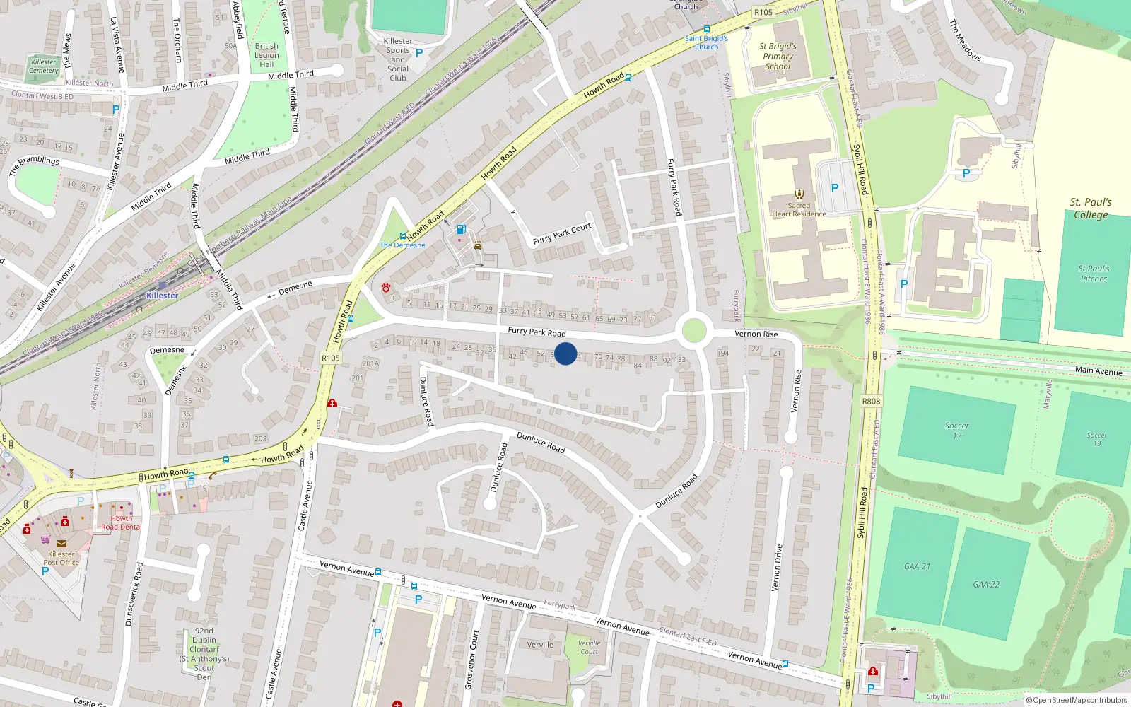 Overhead map showing the location of 60 Furry Park Road, Dublin 5
