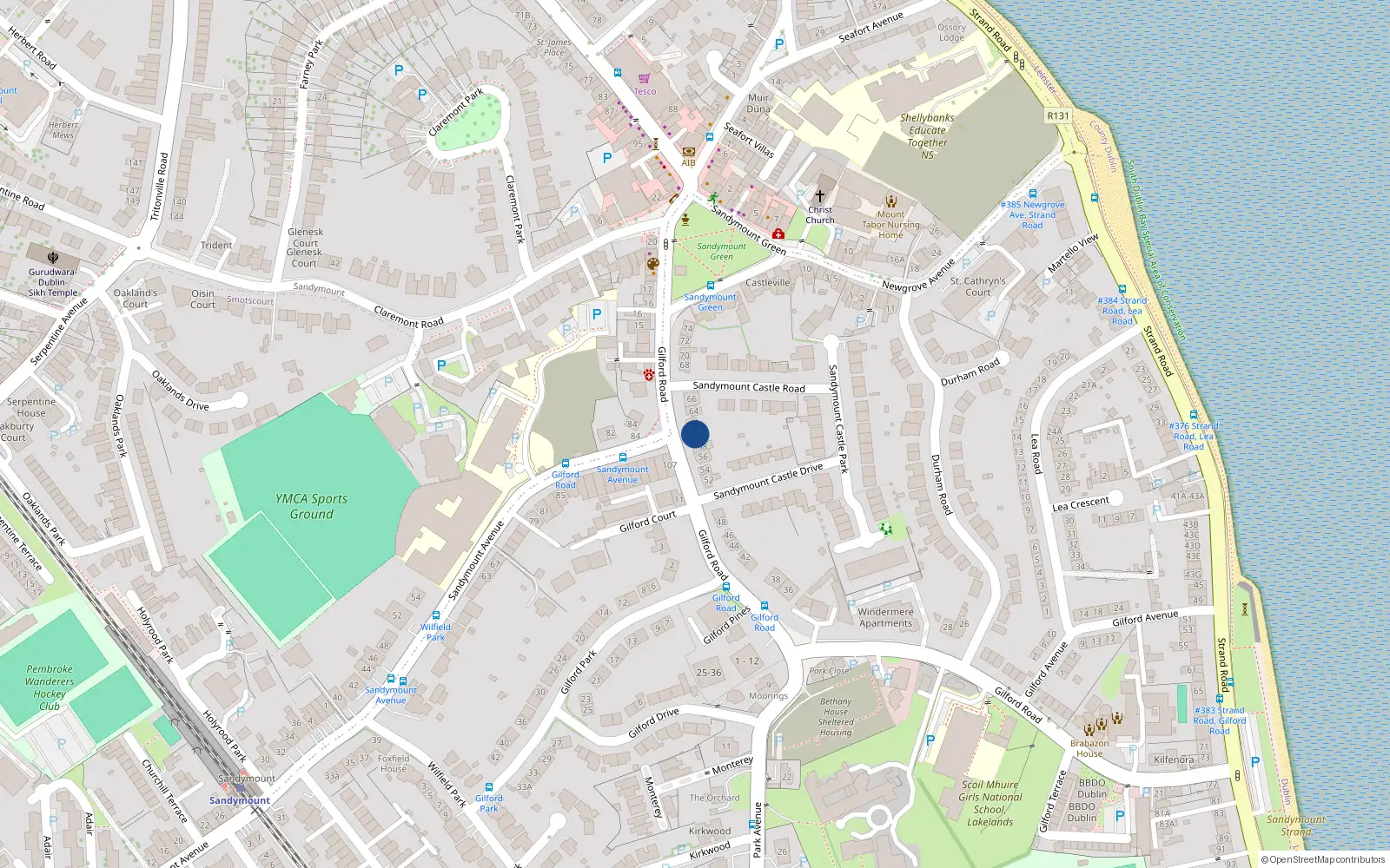 Overhead map showing the location of 60 Gilford Road, Sandymount