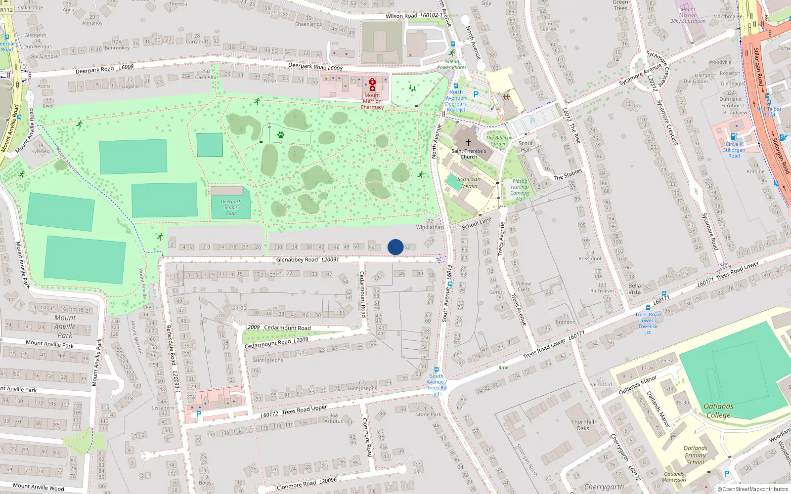 Overhead map showing the location of 60 Glenabbey Road, Blackrock