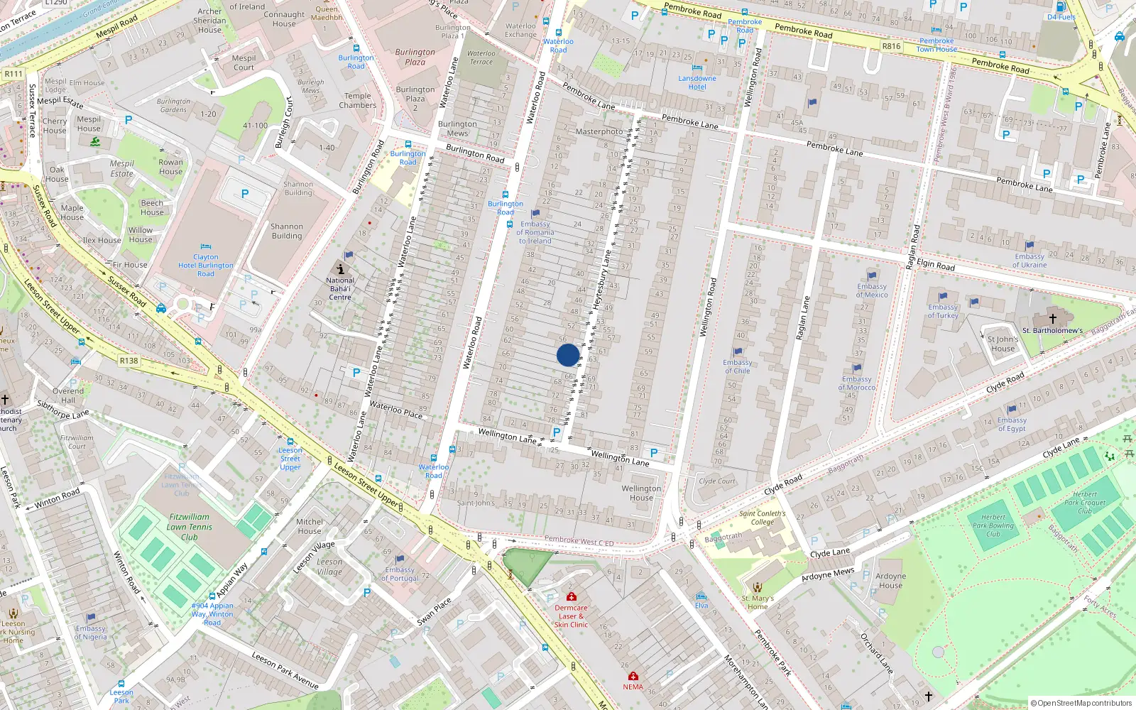 Overhead map showing the location of 60 Heytesbury Lane, Dublin 4