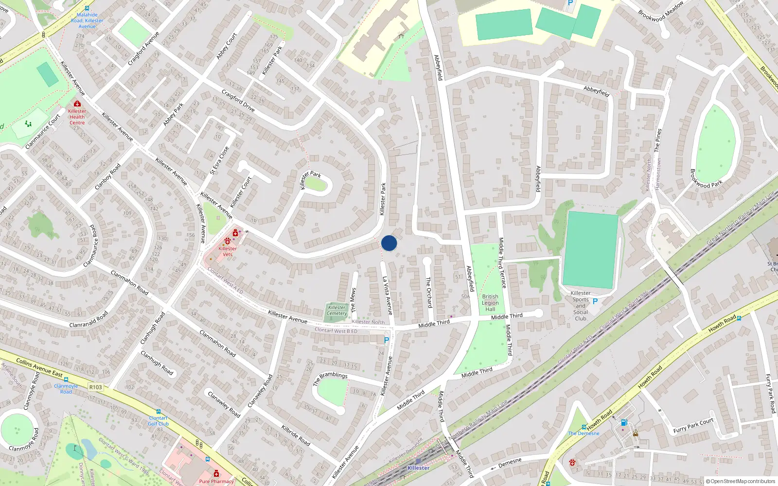 Overhead map showing the location of 60 Killester Park, Dublin 5, Dublin