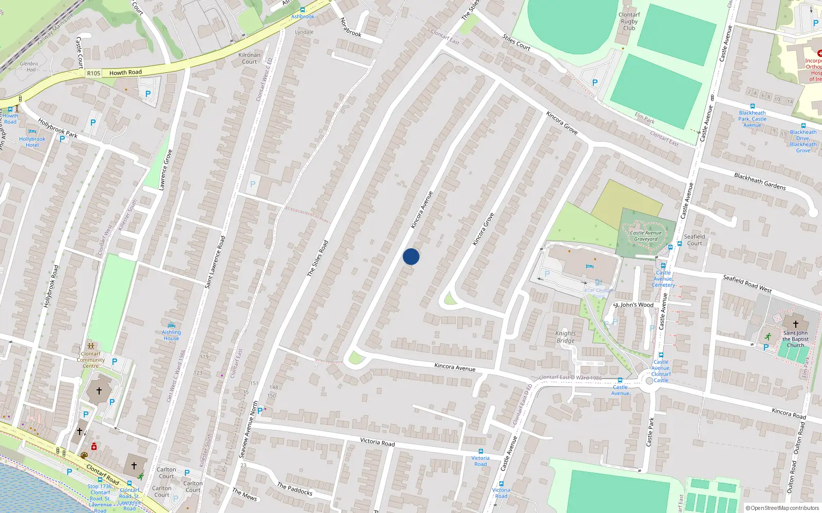 Overhead map showing the location of 60 Kincora Avenue, Clontarf, Dublin 3