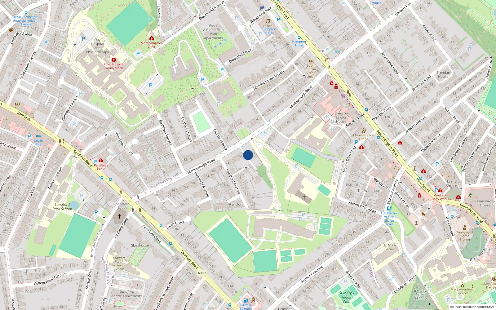 Overhead map showing the location of 60 Marlborough Road, Donnybrook