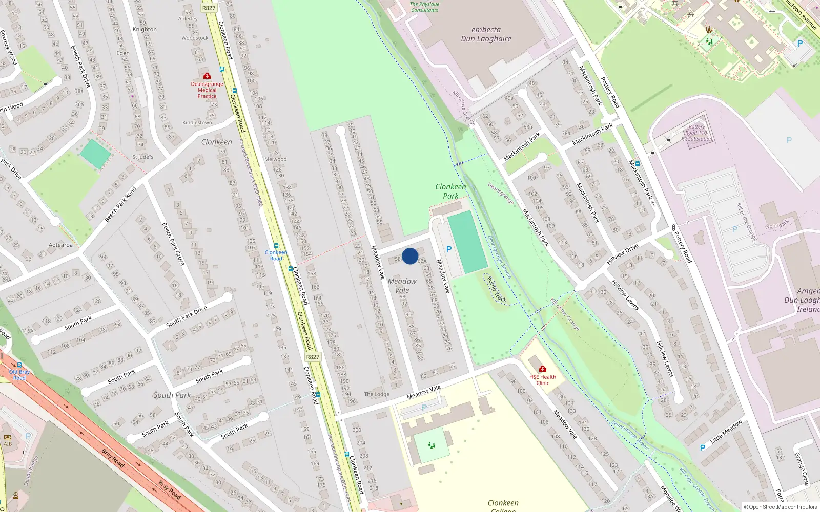 Overhead map showing the location of 60 Meadow Vale, Blackrock