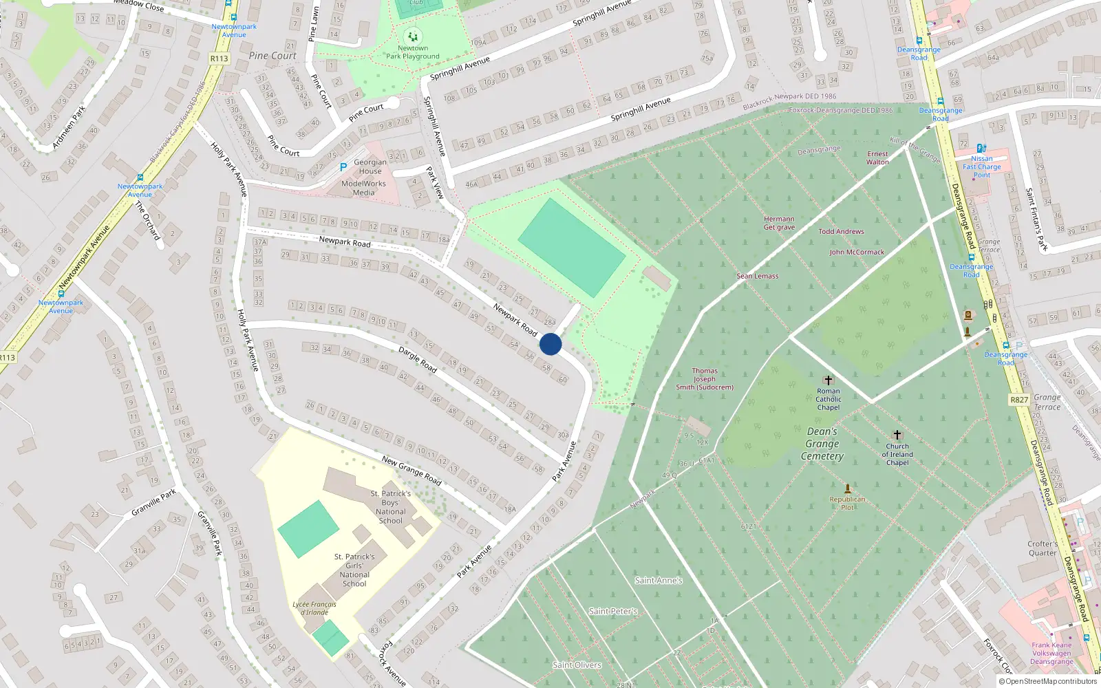 Overhead map showing the location of 60 New Park Road, Blackrock