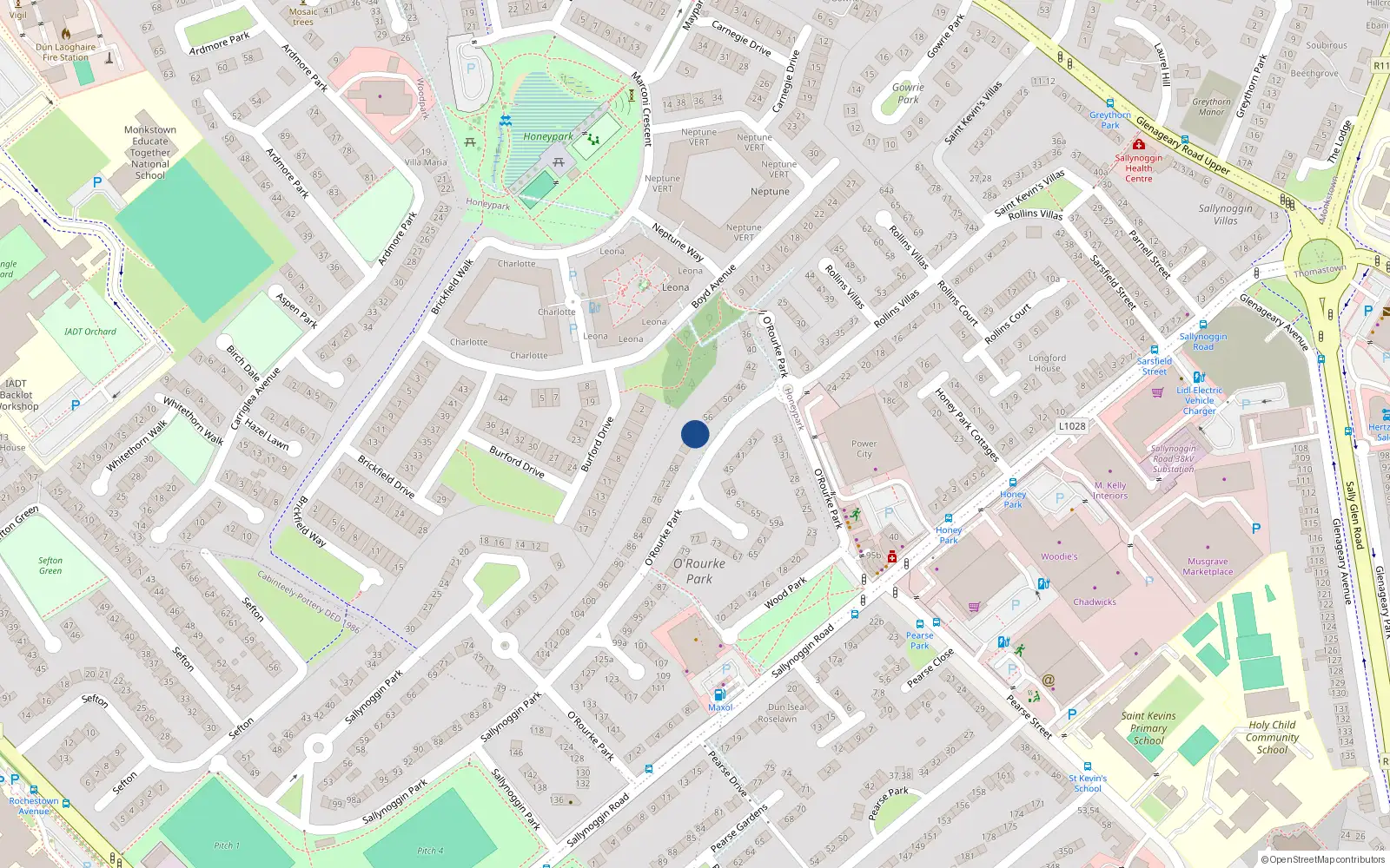 Overhead map showing the location of 60 Orourke Park, Sallynoggin, Dun Laoghaire