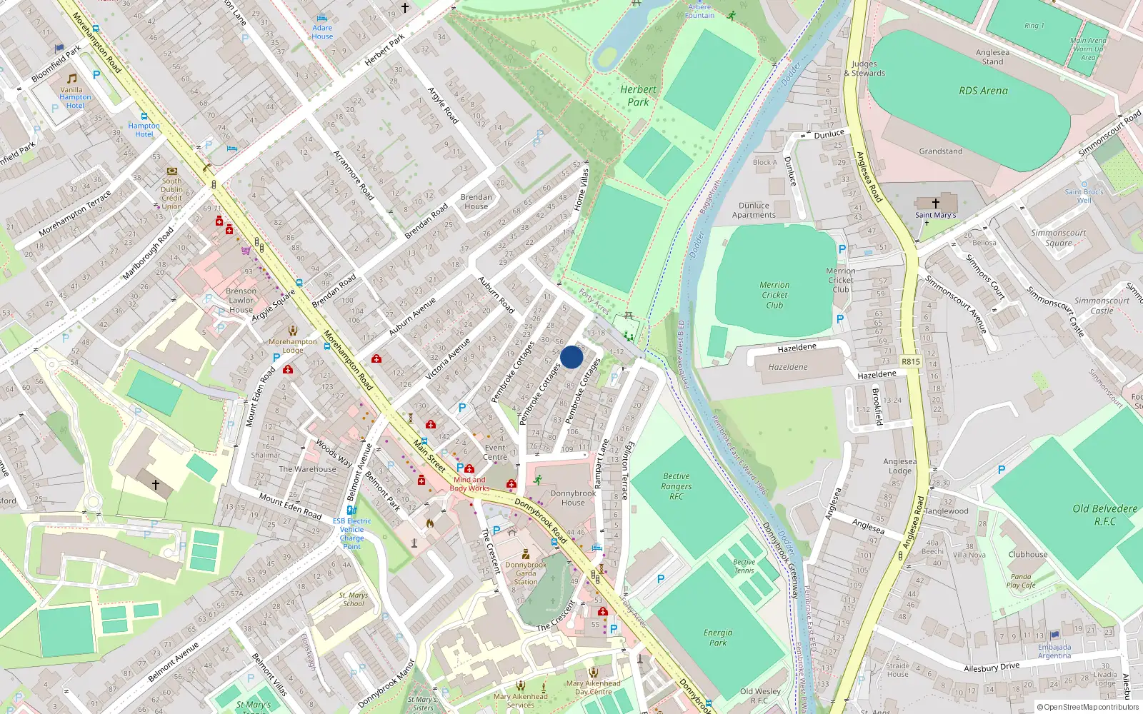 Overhead map showing the location of 60 Pembroke Cottages, Dublin 4