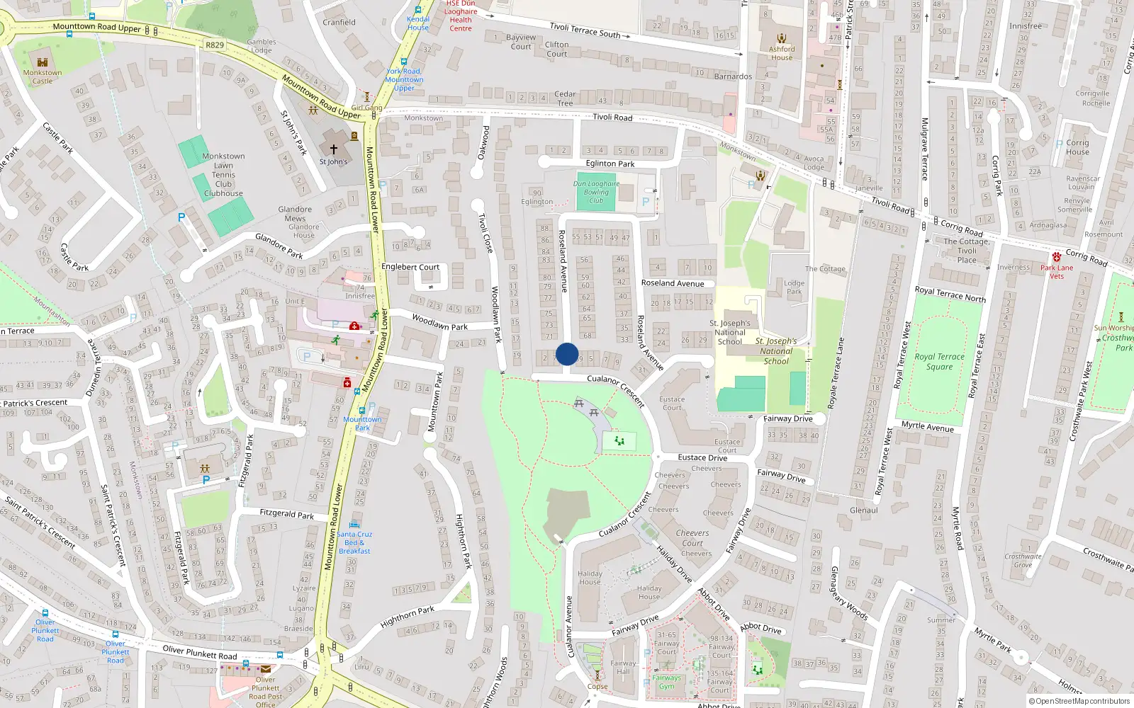 Overhead map showing the location of 60 Roseland Avenue, Dun Laoghaire