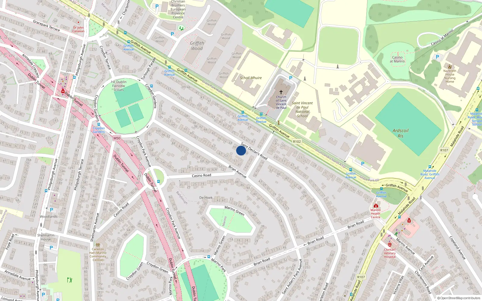 Overhead map showing the location of 60 Saint Declan's Road, Marino, Dublin 3, D03 N8w5