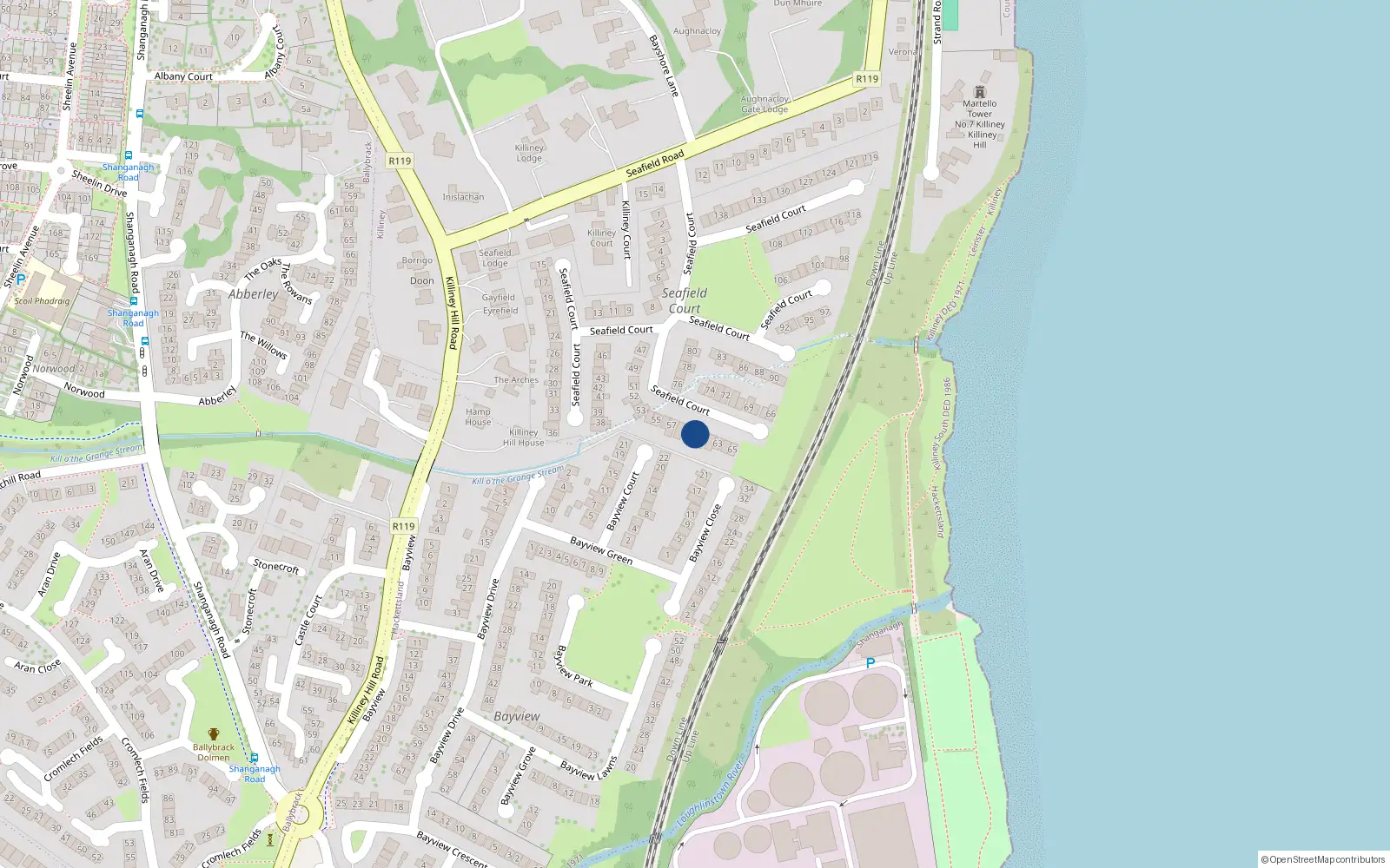 Overhead map showing the location of 60 Seafield Court, Killiney