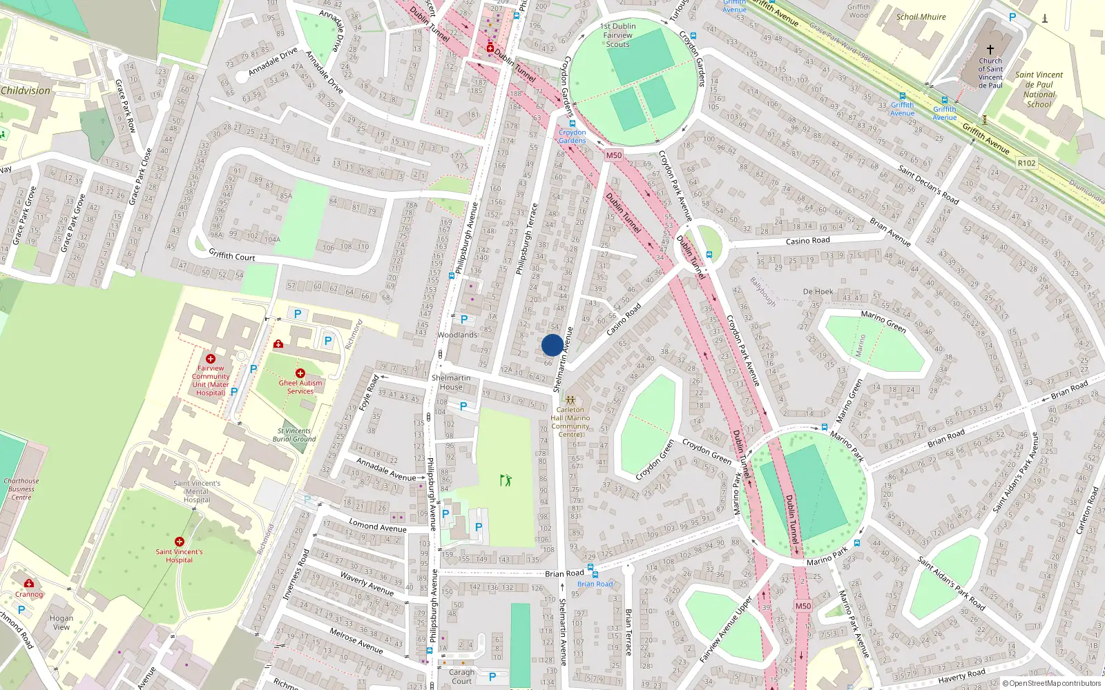 Overhead map showing the location of 60 Shelmartin Avenue, Dublin 3