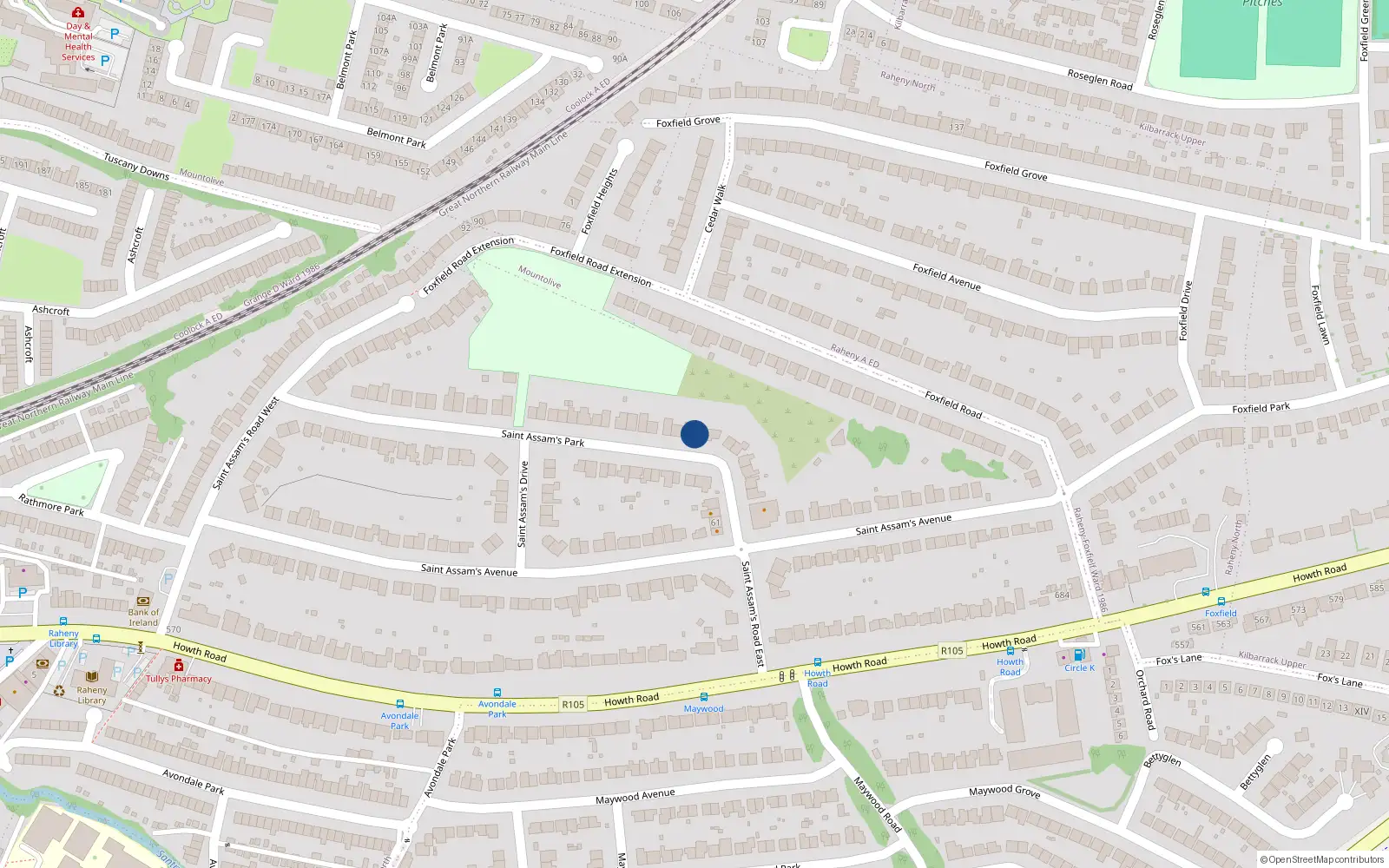 Overhead map showing the location of 60 St Assam's Park, Raheny, Dublin 5