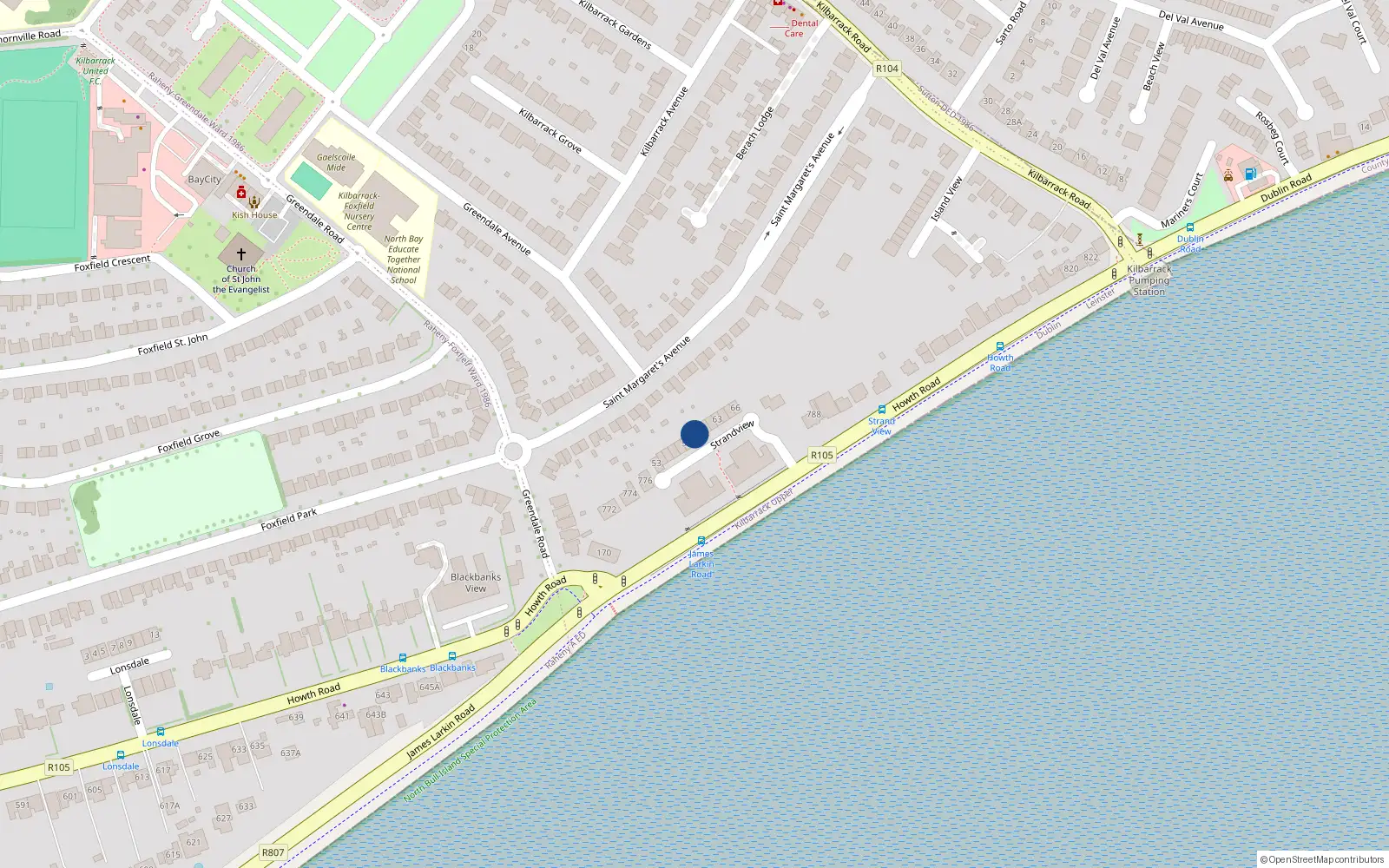 Overhead map showing the location of 60 Strand View, Howth Road, Dublin 5