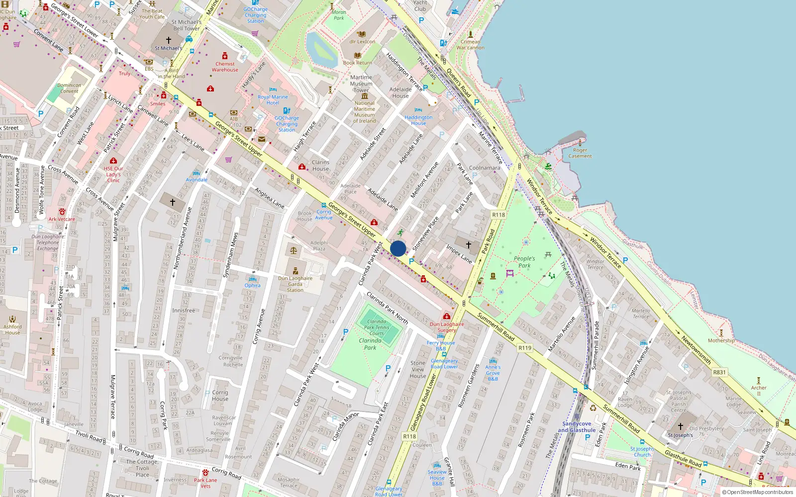 Overhead map showing the location of 60 Upper Georges St, Dun Laoghaire, Dublin