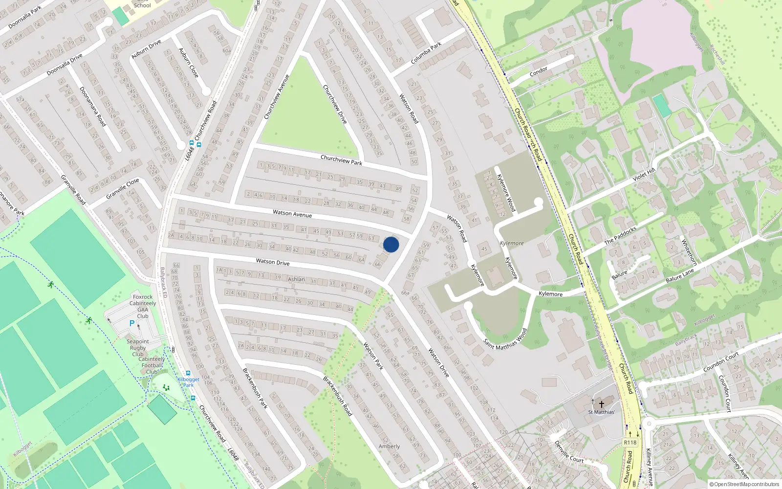Overhead map showing the location of 60 Watson Road, Killiney, Dublin