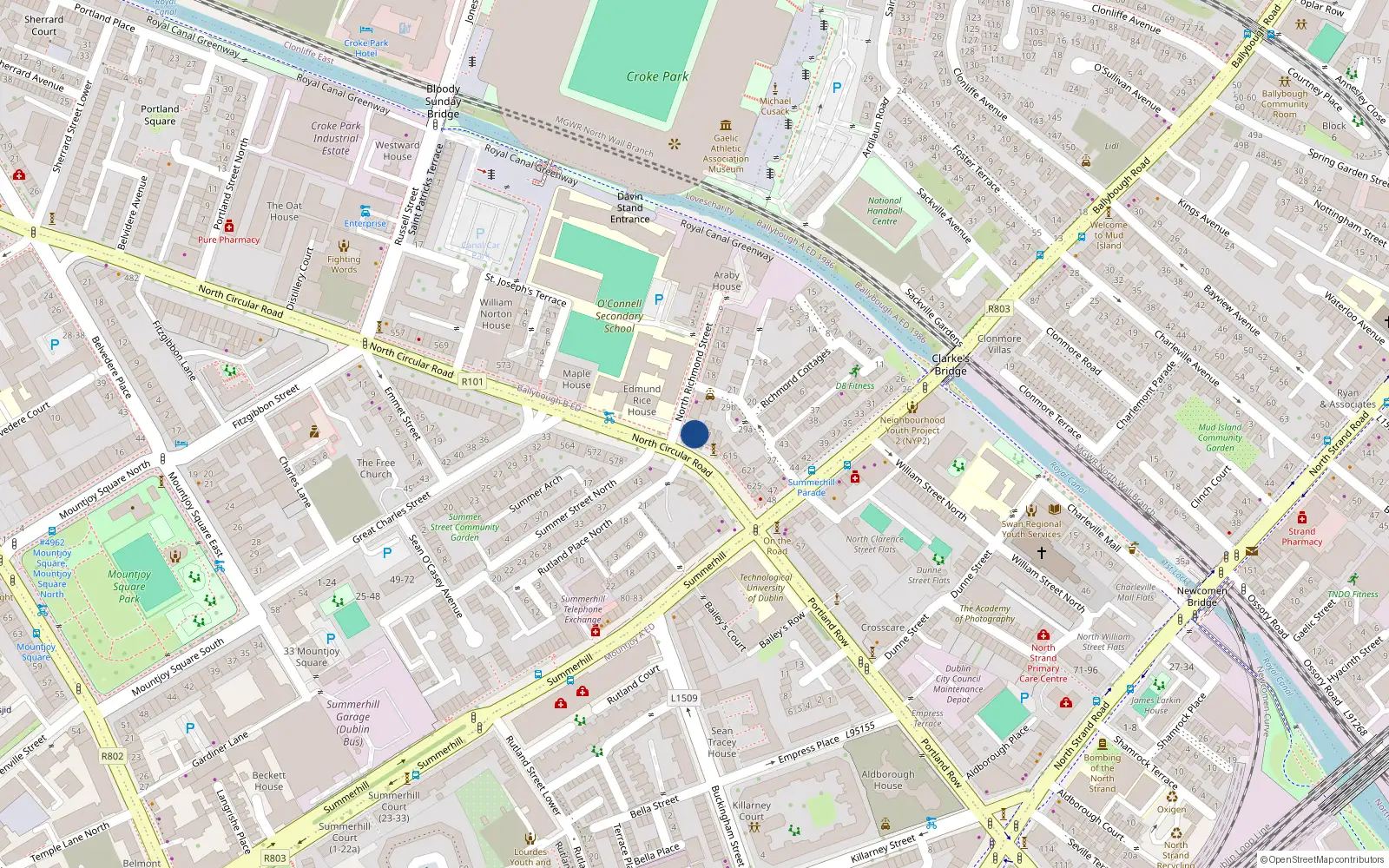 Overhead map showing the location of 605 North Circular Road, Dublin