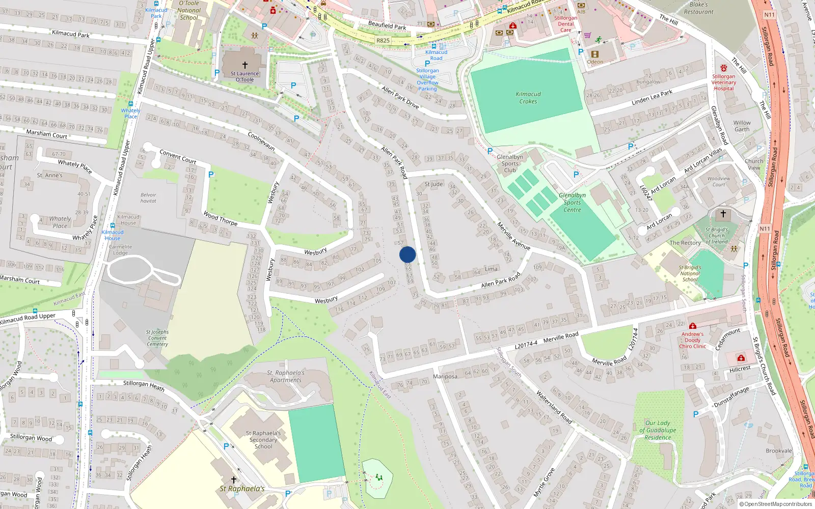 Overhead map showing the location of 61 Allen Park Road, Dublin