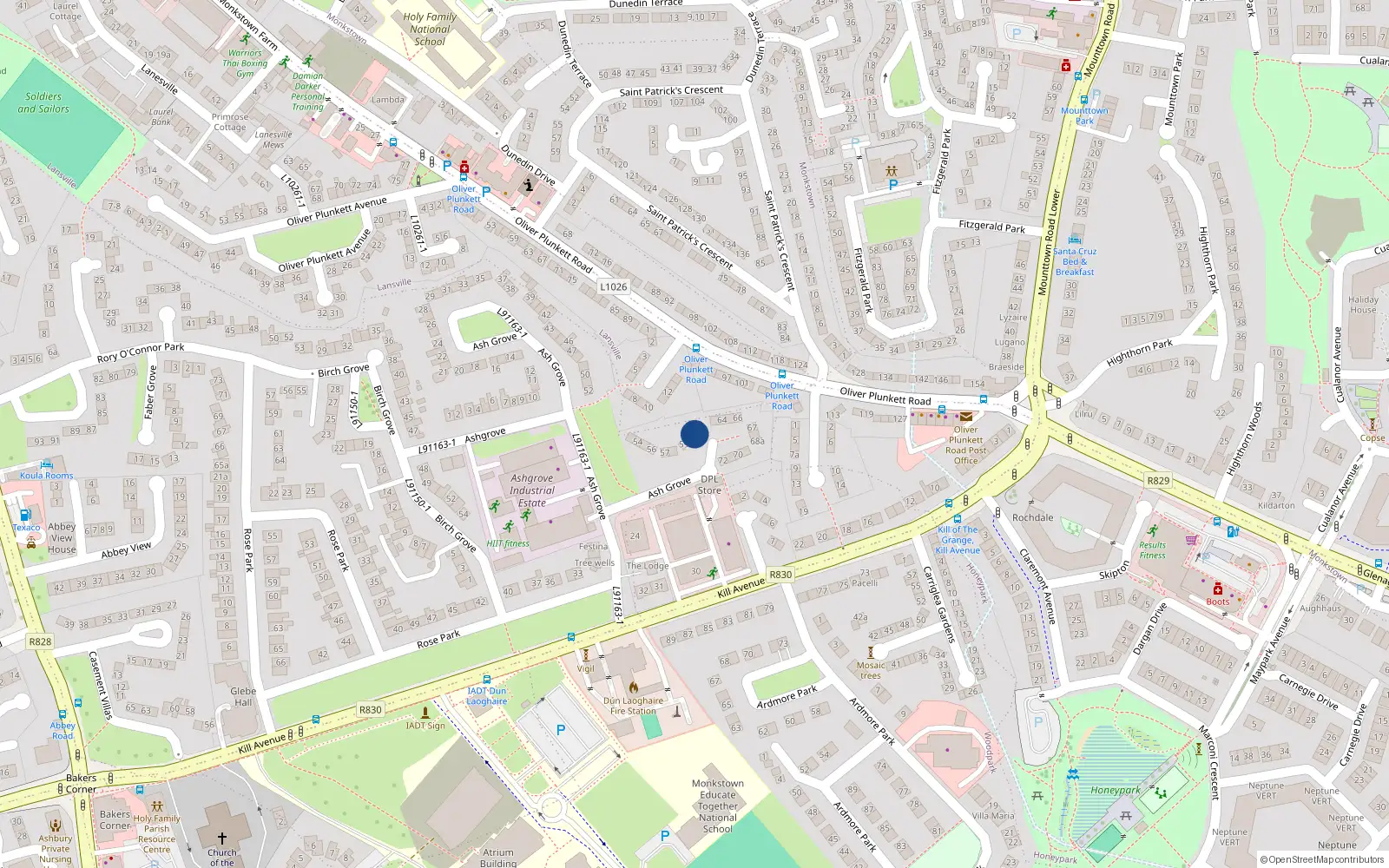 Overhead map showing the location of 61 Ashgrove, Dun Laoghaire