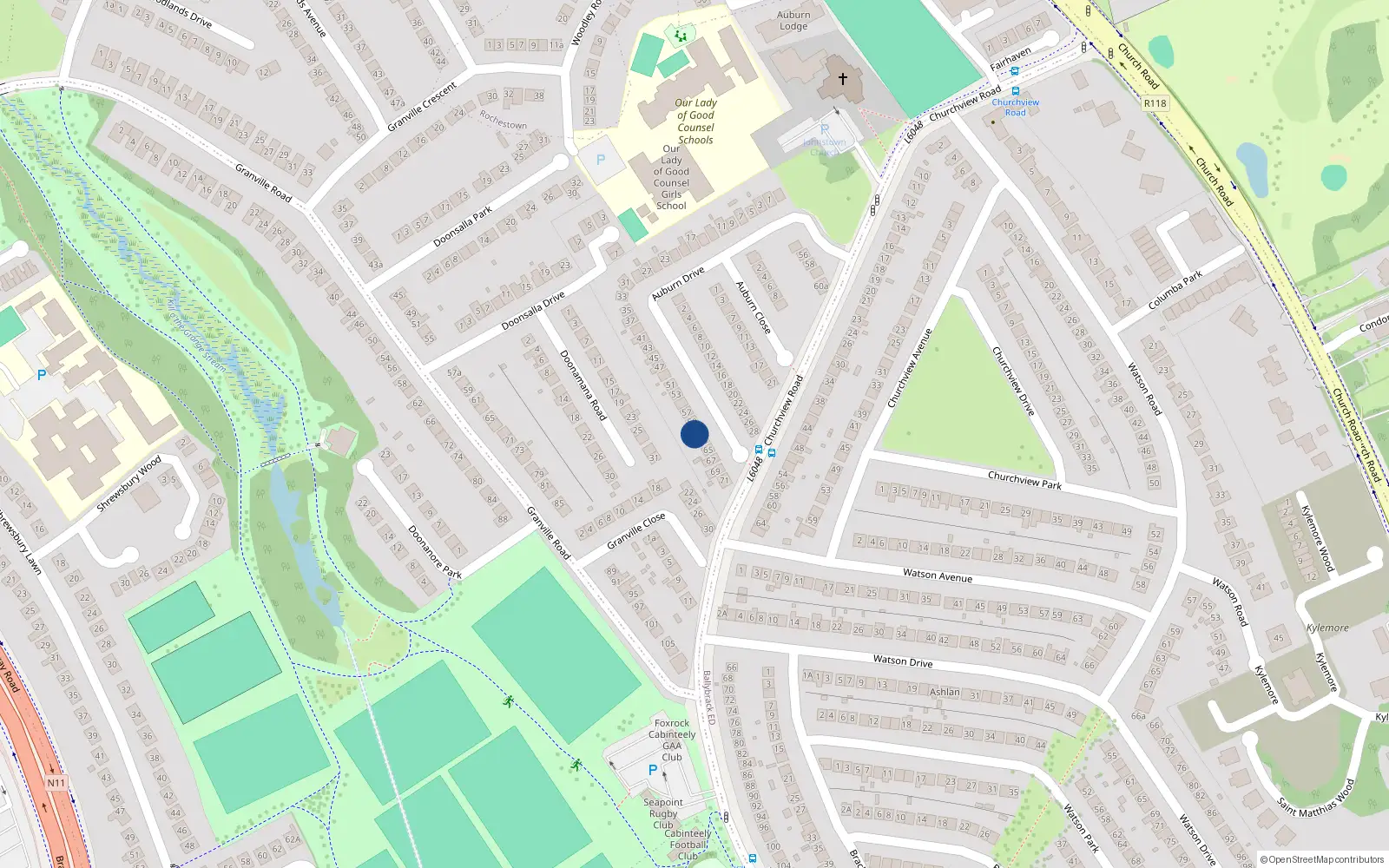 Overhead map showing the location of 61 Auburn Drive, Ballybrack