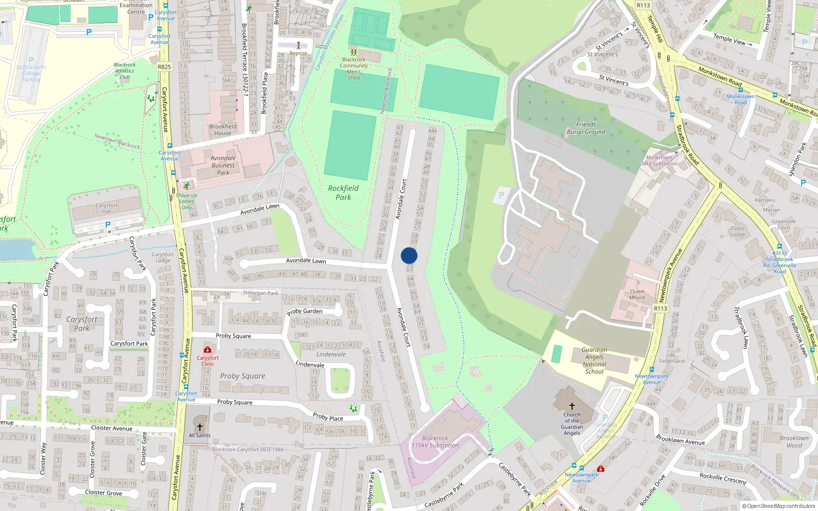 Overhead map showing the location of 61 Avondale Court, Blackrock, Dublin