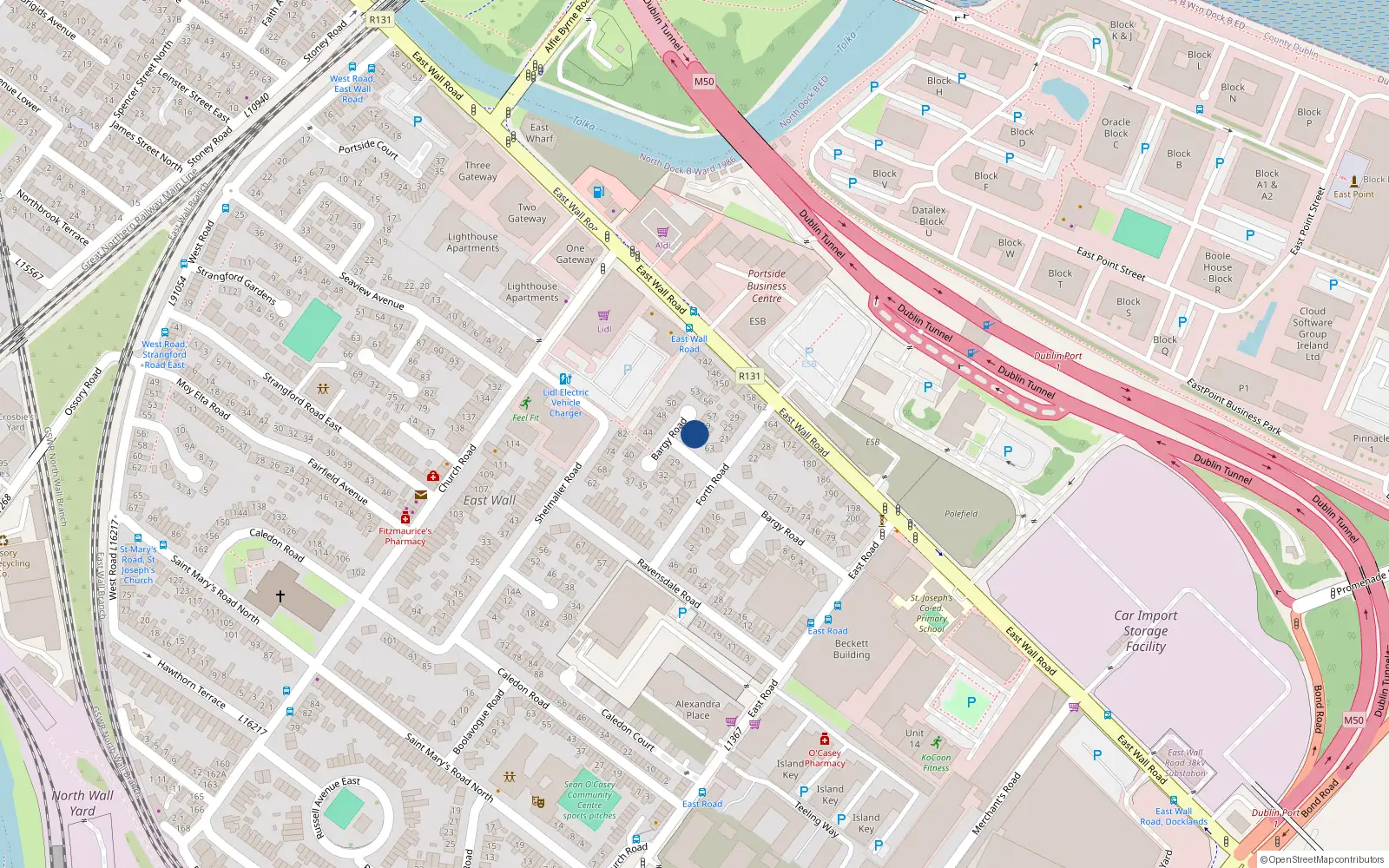 Overhead map showing the location of 61 Bargy Road, East Wall, Dublin 3