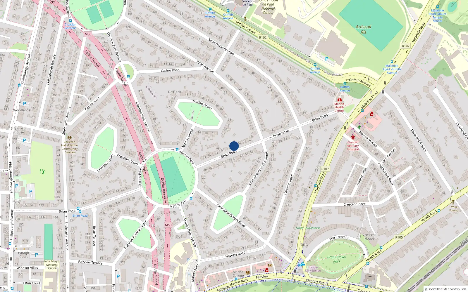 Overhead map showing the location of 61 Brian Road, Marino, Dublin 3