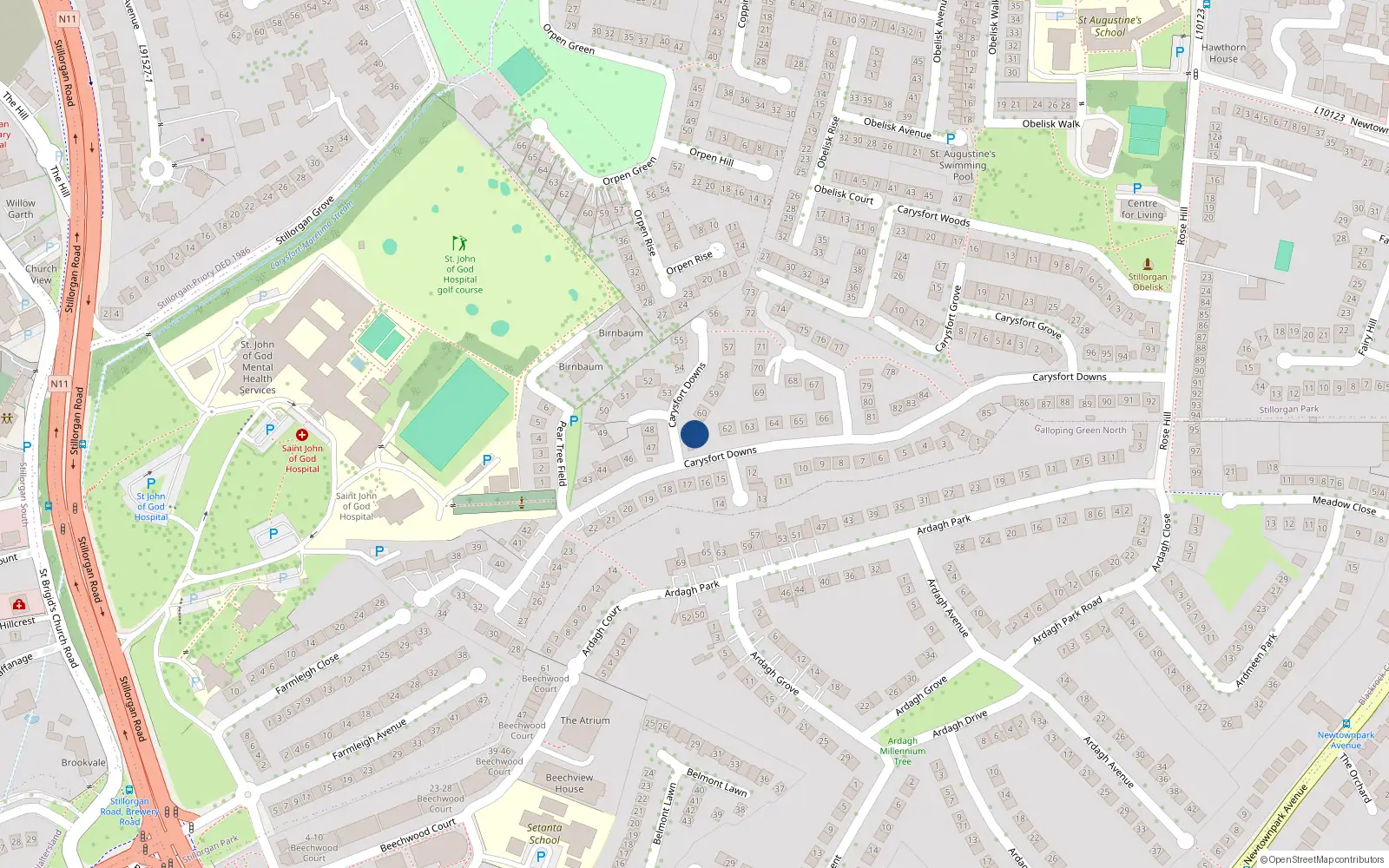 Overhead map showing the location of 61 Carysfort Downs, Blackrock, Dublin