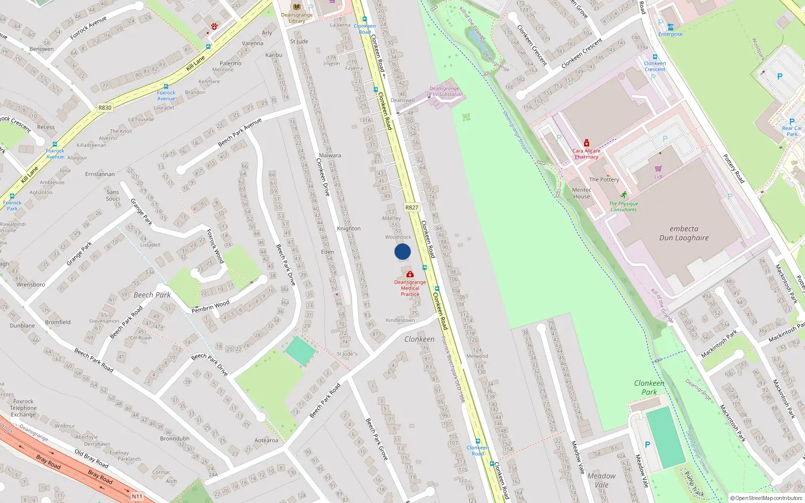 Overhead map showing the location of 61 Clonkeen Road, Deans Grange, Blackrock