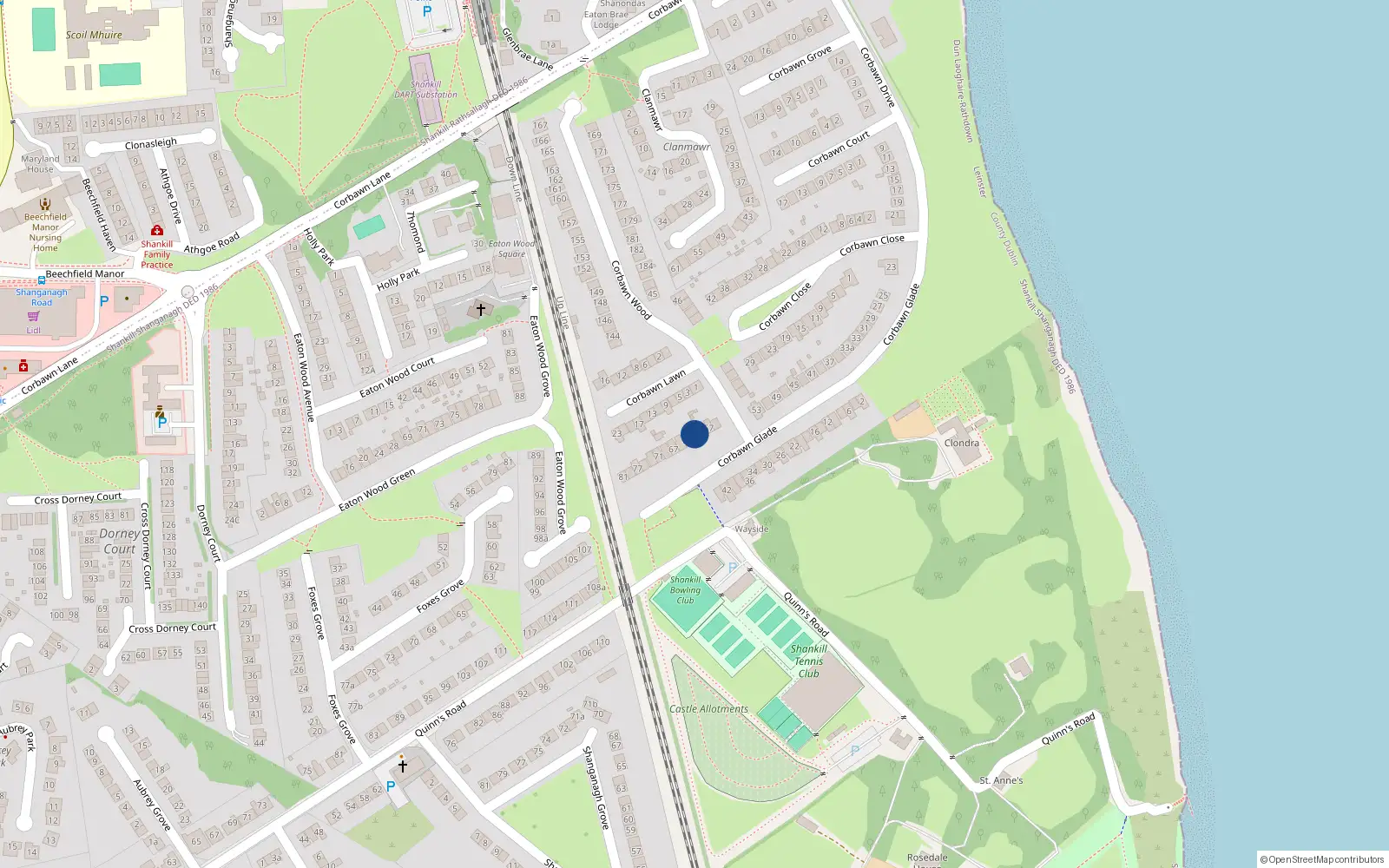 Overhead map showing the location of 61 Corbawn Drive, Shankill