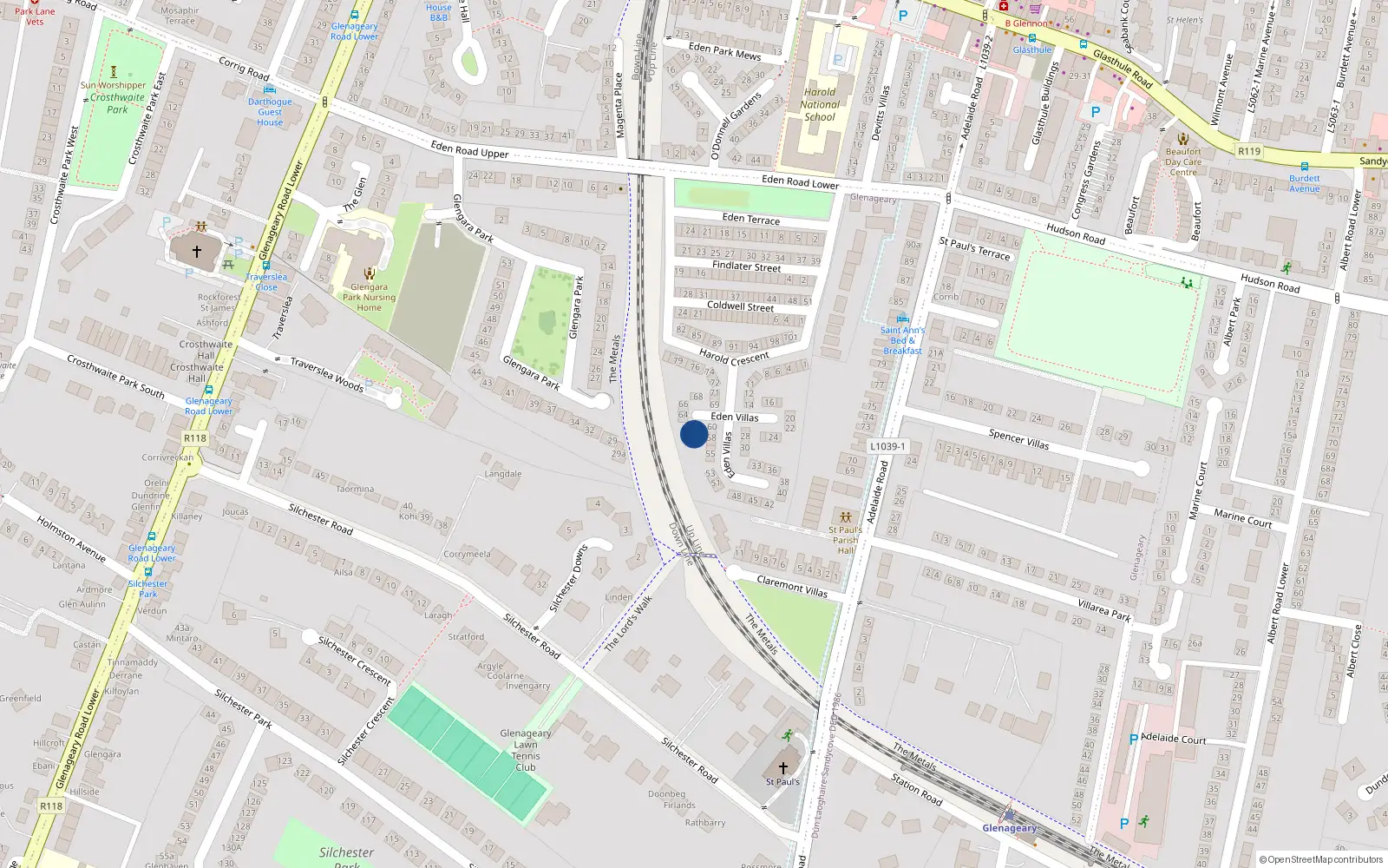 Overhead map showing the location of 61 Eden Villas, Glasthule, Dun Laoghaire